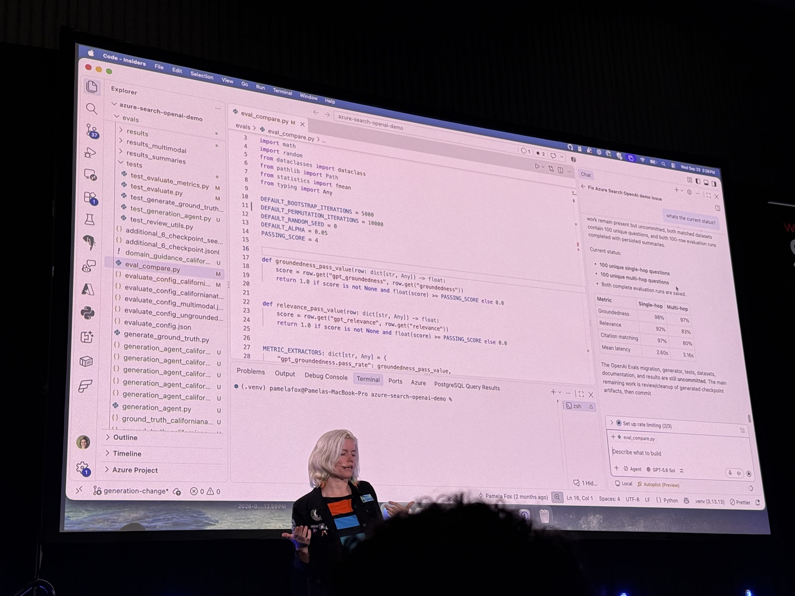 VS Code Insiders với eval_compare.py và bảng kết quả eval